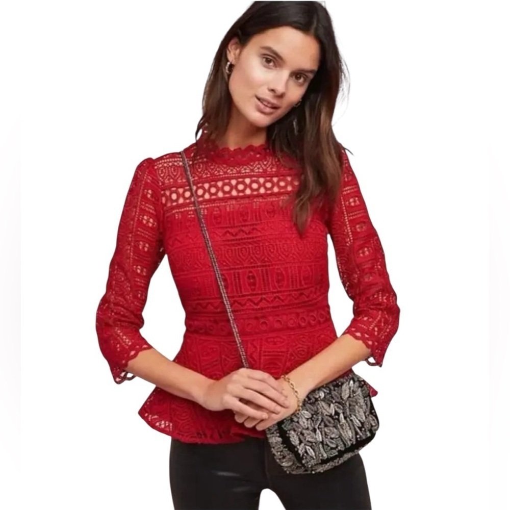 Anthropologie Moulinette Soeurs Tamera Red Lace Peplum Top Size 4 EUC
